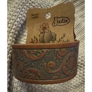 Justin Genuine Leather Bracelet Brown Tooled Western Wear Adjustable Cuff 8.5"